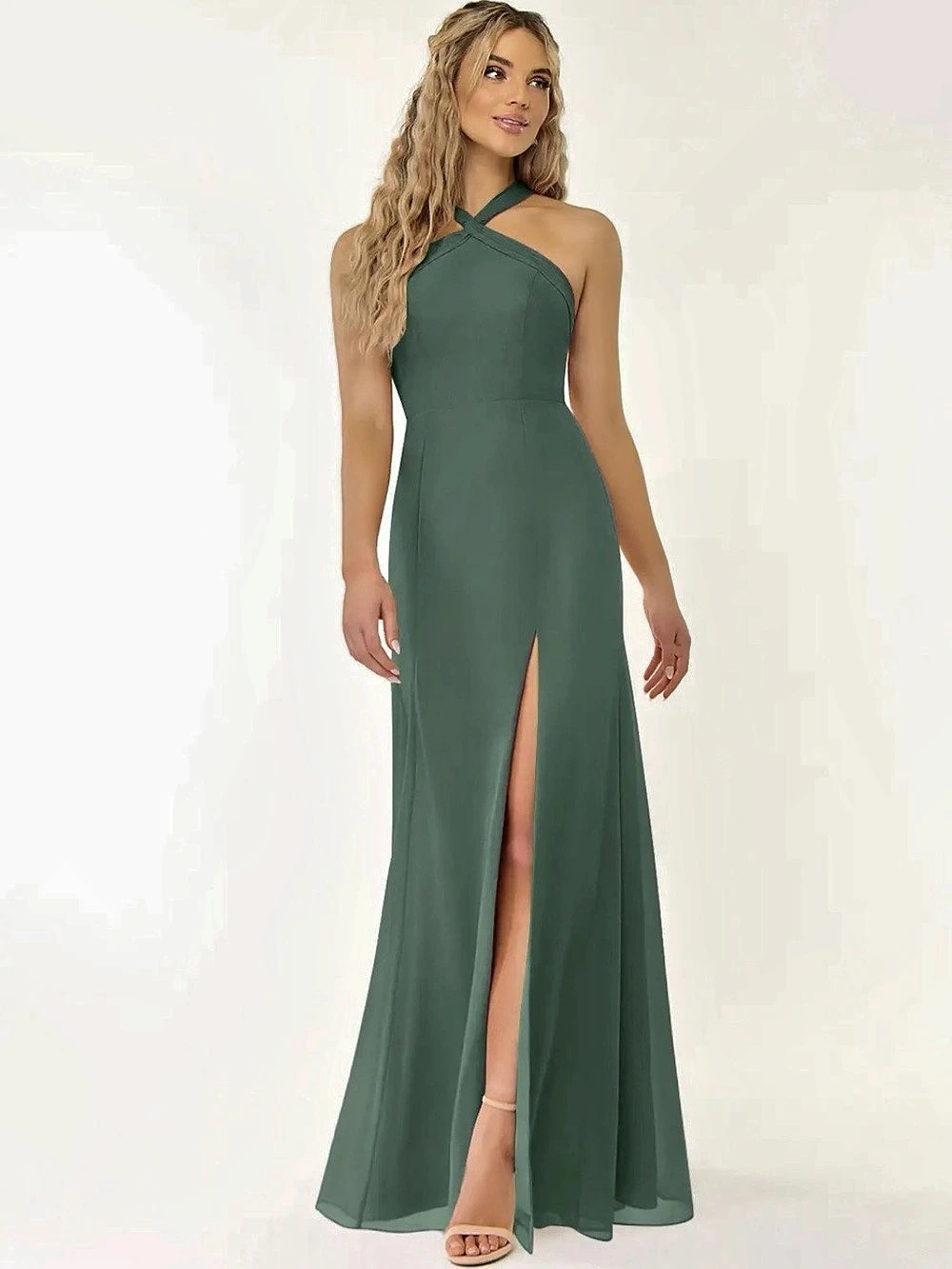 Azazie Rue Chiffon Bridesmaid Dress Green Halter Maxi